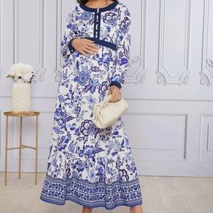 Buttoned Front Contrast Trim Floral Print Dress